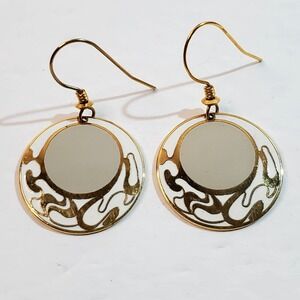 Vintage Roccoco Gold Tone and White Enamel Round Dangle Earrings Boho